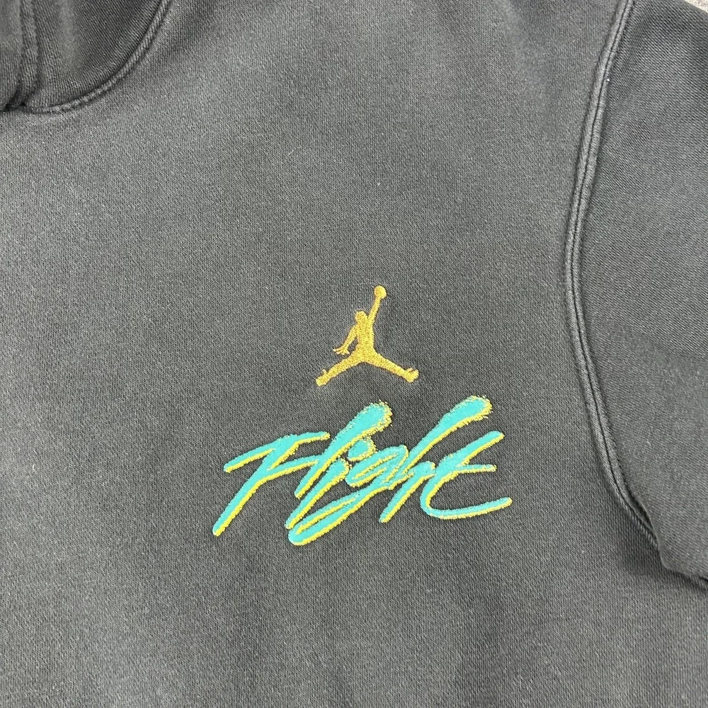 Jordan Flight Hoodie Mens Medium Black Teal Script Logo‎ Pullover Sweatshirt